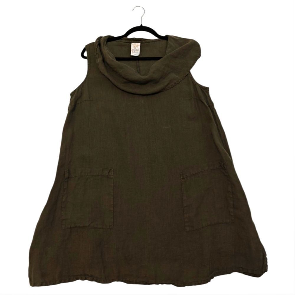Match Point USA Linen Olive Green Sleeveless Cowl Neck A-Line Tunic